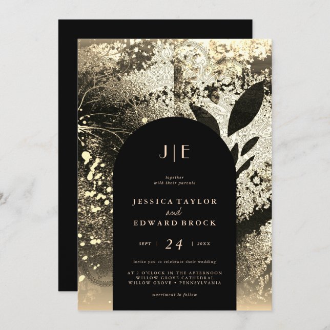 Convite Casamento Dourado de Abstrato Botânica Chic Foil F (Frente/Verso)