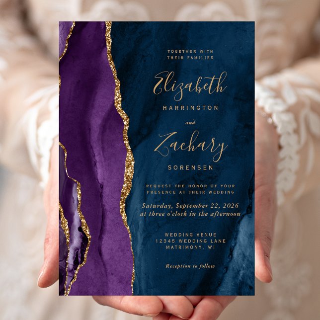 Convite Casamento Dourado de Agata Azul com Marinho Roxo (Criador carregado)