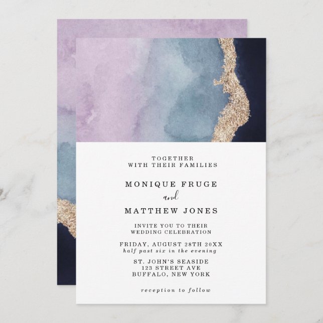 Convite Casamento Dourado de Agata Azul com Púrpura (Frente/Verso)