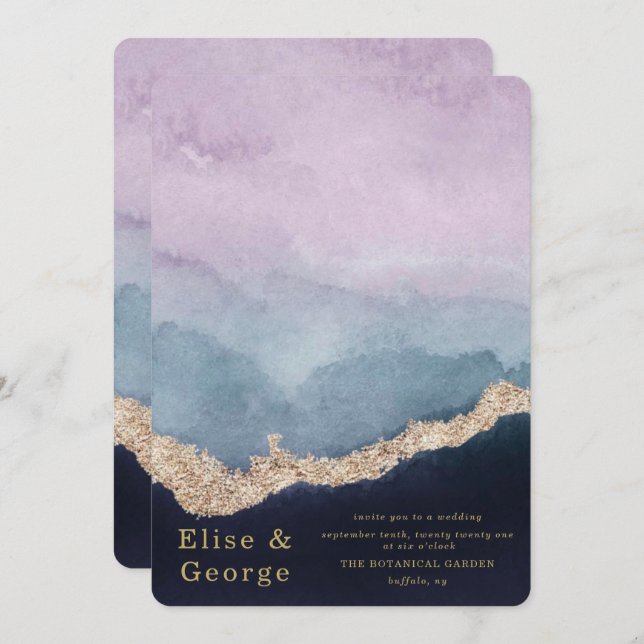 Convite Casamento Dourado de Agata Azul com Púrpura (Frente/Verso)