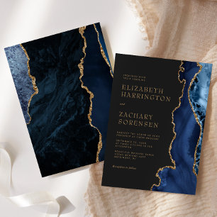 Convite Casamento Dourado de Agata Azul Elegante Marinho