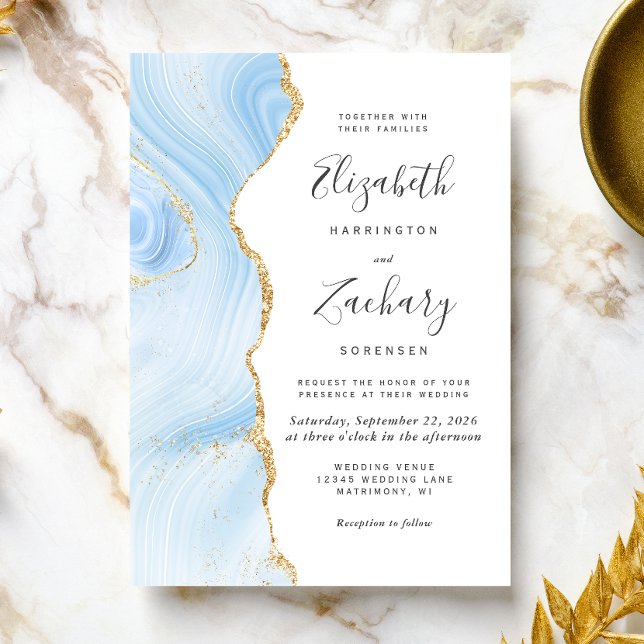 Convite Casamento Dourado de Agata Azul Moderno (The perfect choice for a baby blue and gold themed wedding.)