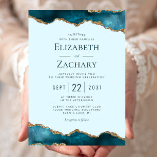 Convite Casamento Dourado de Agata Clássico Pastel Teal