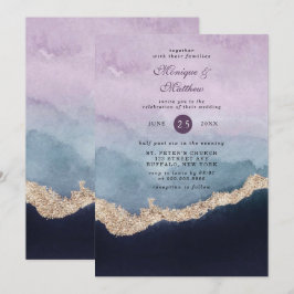 Convite Casamento Dourado de Agata com Cor Azul Púrpura