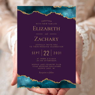 Convite Casamento Dourado de Agata de Teal Clássico