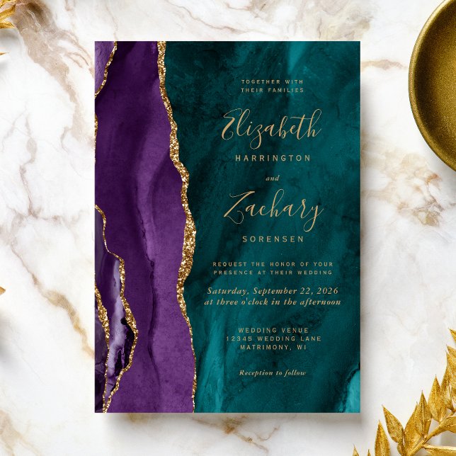 Convite Casamento Dourado de Agata de Teal Roxo Moderno (An elegant choice for a wedding with a purple and teal color palette.)