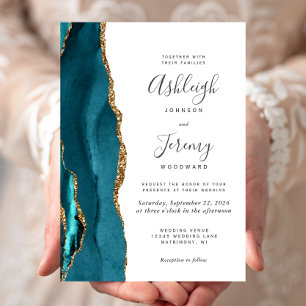Convite Casamento Dourado de Agata Moderno do Teal