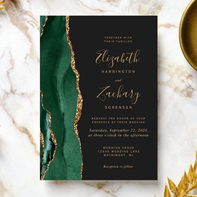 Convite Casamento Dourado de Agate Dark Chic Emerald Green (The perfect choice for an emerald green themed wedding.)
