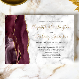 Convite Casamento Dourado de Agate Marble, Moderno Burgund