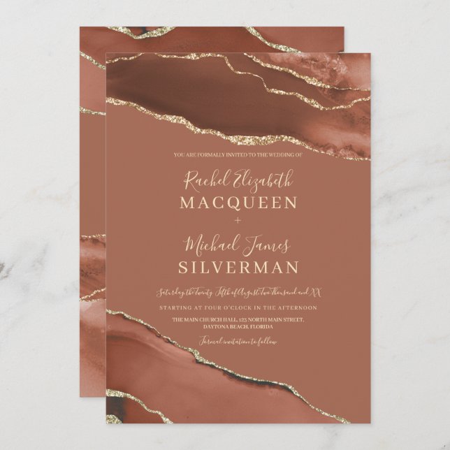 Convite Casamento Dourado de Agate Marble Terracotta (Frente/Verso)