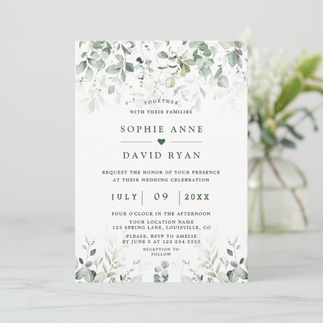 Convite Casamento Dourado de Airy Watercolor Greenery (Em pé/Frente)
