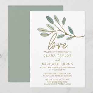 Convite Casamento Dourado de amor de Eucalipto