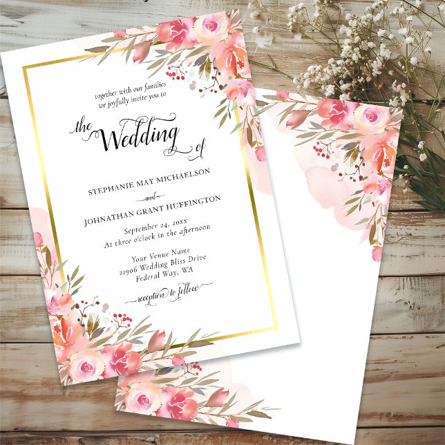 Convite Casamento Dourado de Aquarela Floral Rosa Elegante (Elegant Pink Peach Floral Watercolor Wedding Gold Invitation)