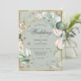 Convite Casamento Dourado de Aquarela Verde Sage Floral El