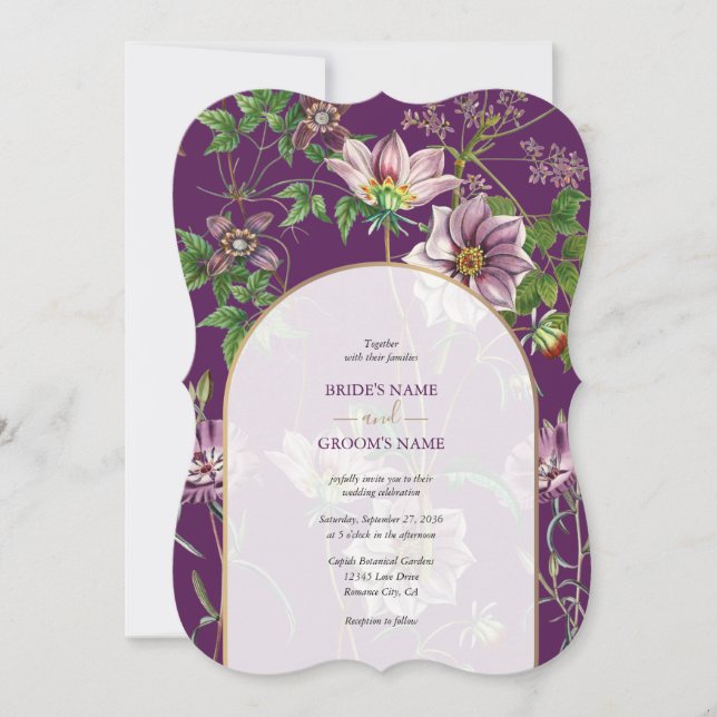 Convite Casamento Dourado de Arca com Verde Floral Roxo (Frente)