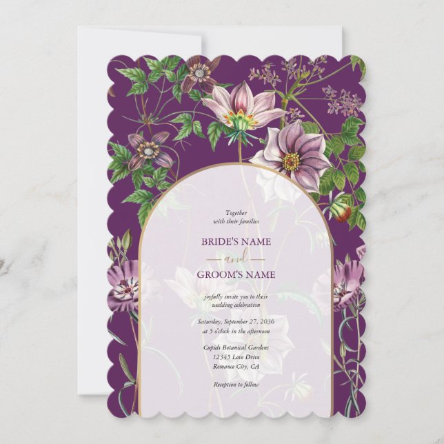 Convite Casamento Dourado de Arca com Verde Floral Roxo (Frente)