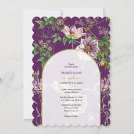 Convite Casamento Dourado de Arca com Verde Floral Roxo