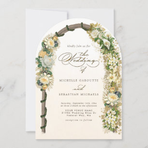 Convite Casamento Dourado de Arca Floral Elegante Branca