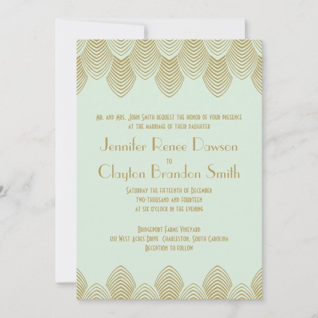 Convite Casamento Dourado de Art Deco Scallop Mint da Vint (Frente)