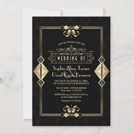 Convite Casamento Dourado de Arte Negra Deco Fleur-de-Lis