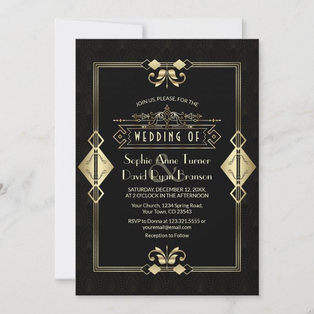 Convite Casamento Dourado de Arte Negra Deco Fleur-de-Lis (Frente)