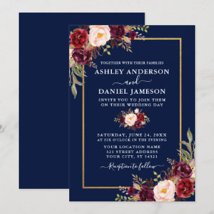 Convite Casamento Dourado de Azul Floral com Aquarela