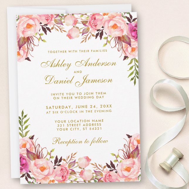 Convite Casamento Dourado de Blush Floral de Cor Flórida (Customize to change text size, color, text style or to add more text to back.)