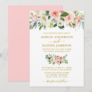 Convite Casamento Dourado de Blush Floral Elegante, Cor de