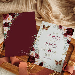 Convite Casamento Dourado de Borboleta Floral Blush Burgun