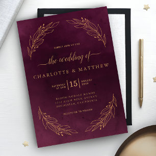 Convite Casamento Dourado de Borgonha Escura Elegante