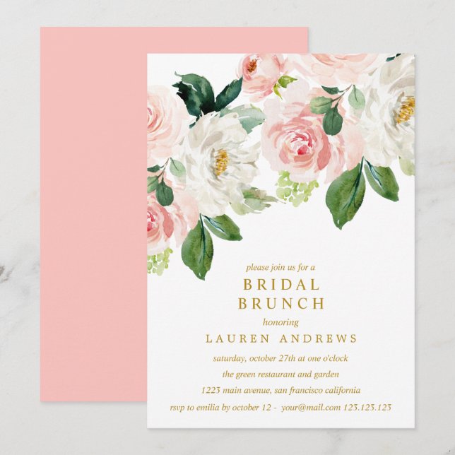 Convite Casamento Dourado de Bridal do Buquê Blush Moderno (Frente/Verso)