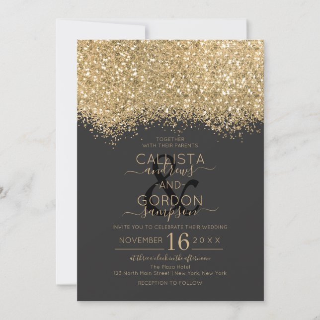 Convite Casamento Dourado de Brilhante Negra Confetti, mod (Frente)