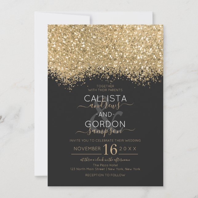 Convite Casamento Dourado de Brilhante Negra Confetti, mod (Frente)