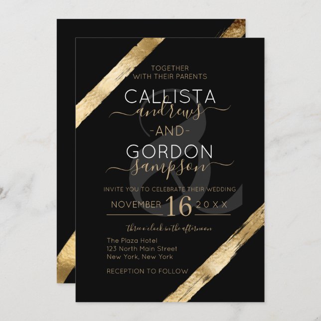 Convite Casamento Dourado de Brushstrokes, Artsy Black, de (Frente/Verso)