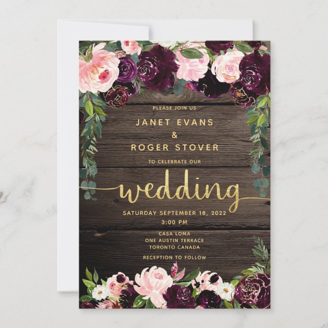 Convite Casamento Dourado de Caligrafia Russo Blush Burgun (Frente)