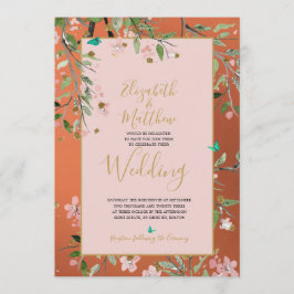 Convite Casamento Dourado de Chinoiserie  de Coral Floral 