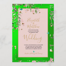 Convite Casamento Dourado de Chinoiserie Rosa Verde Flora