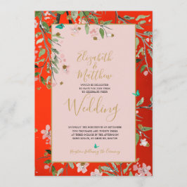 Convite Casamento Dourado de Chinoiserie Rosa Vermelho Fl
