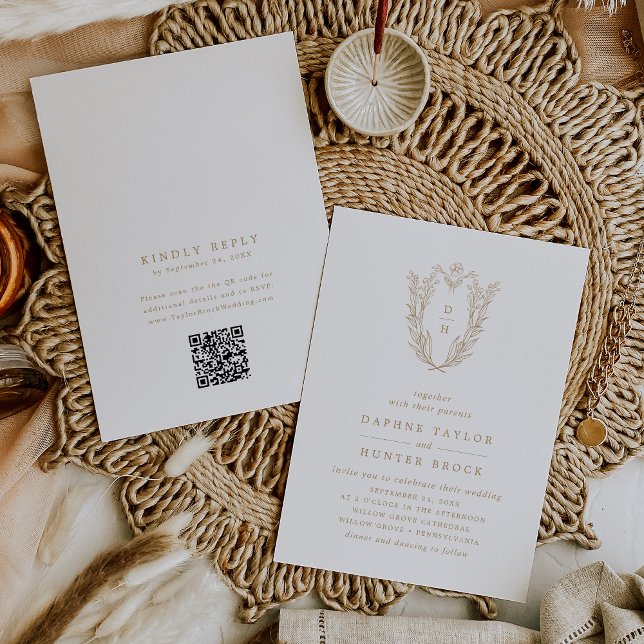 Convite Casamento Dourado de Classe Floral Branca com Códi (DAPHNE QR Code Gold White Floral Classy Wedding Invitation)