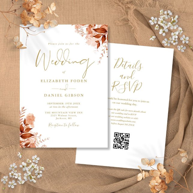 Convite Casamento Dourado de Código QR Floral de outono (Gold Autumn Fall Floral QR Code Wedding Invitation)