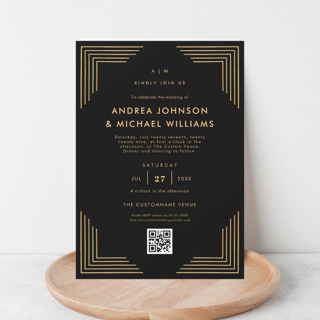 Convite Casamento Dourado de Código QR Preto Minimalista (Criador carregado)