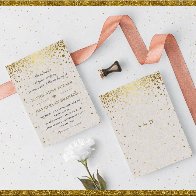Convite Casamento Dourado de Confetti com Couro Branco Ele (elegant trendy gold confetti leather wedding invitation)