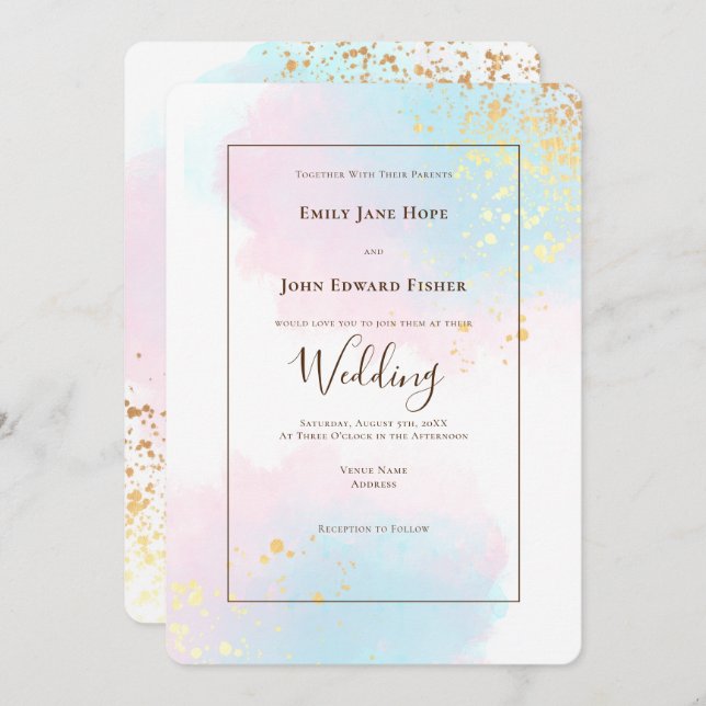 Convite Casamento Dourado de Confetti, , com Sabor Rosa El (Frente/Verso)