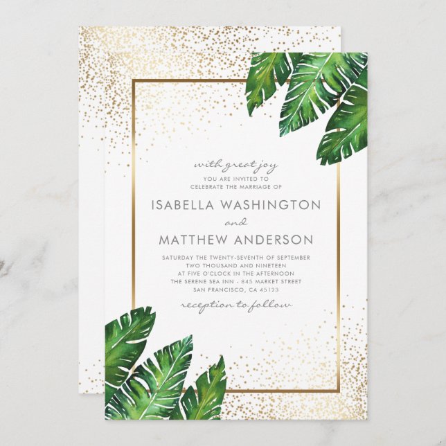 Convite Casamento Dourado de Confetti e Folhas Tropicais d (Frente/Verso)
