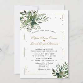 Convite Casamento Dourado de Confetti Elegante Greenery