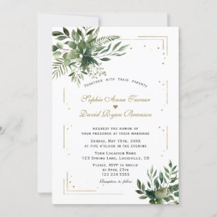 Convite Casamento Dourado de Confetti Elegante Greenery