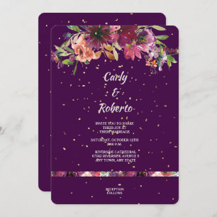 Convite Casamento Dourado de Confetti Floral Vívido Roxo P