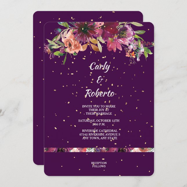 Convite Casamento Dourado de Confetti Floral Vívido Roxo P (Frente/Verso)