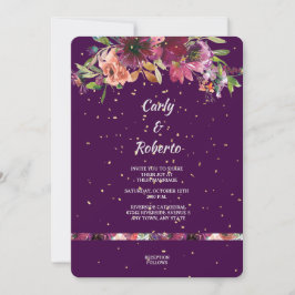 Convite Casamento Dourado de Confetti Floral Vívido Roxo P