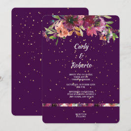 Convite Casamento Dourado de Confetti Floral Vívido Roxo P